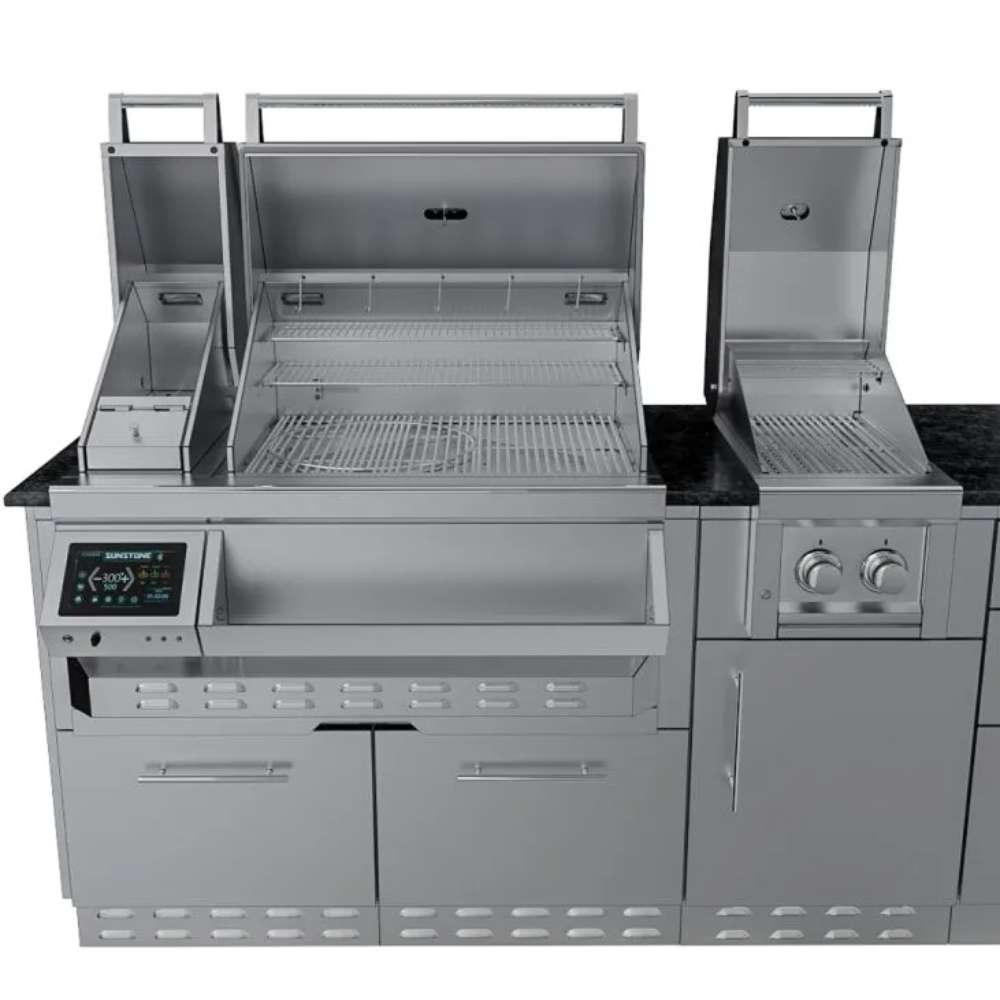 Close-up of grill and side burner with open lids on the Sunstone Cypress 11.6FT Outdoor Cabinet large Island Package