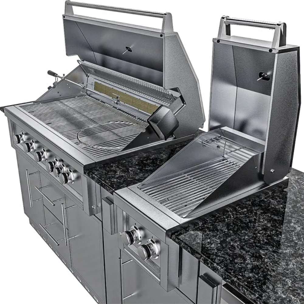 Close-up of grill interior in Sunstone Gulf Breeze 10ft Expansive Cabinet Island Package with burners and grates