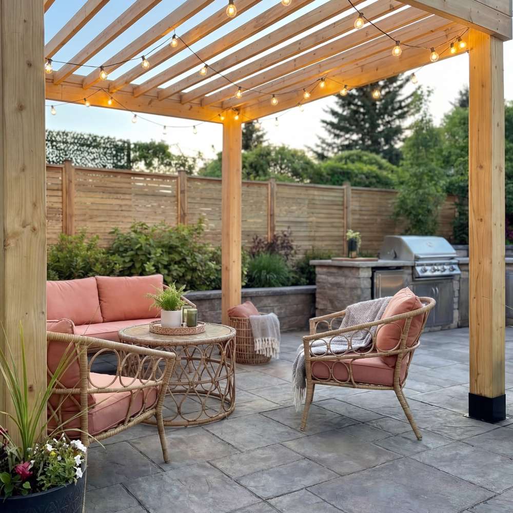 Close-up of patio furniture beneath a lit pergola showing the Outdoor Living Today Western Red Cedar Urban Escape Pergola