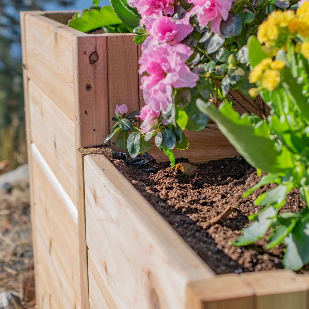 Close-up of sturdy cedar wood and soil centers on the Outdoor Living Today 5.5×2 Tiered Cedar L-Shaped Raised Garden Bed
