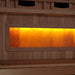 Close-up of the Himalayan salt bar in Golden Designs Reserve Edition 1 Person Full Spectrum Sauna with Himalayan Salt Bar, a row of glowing amber salt blocks below a bench