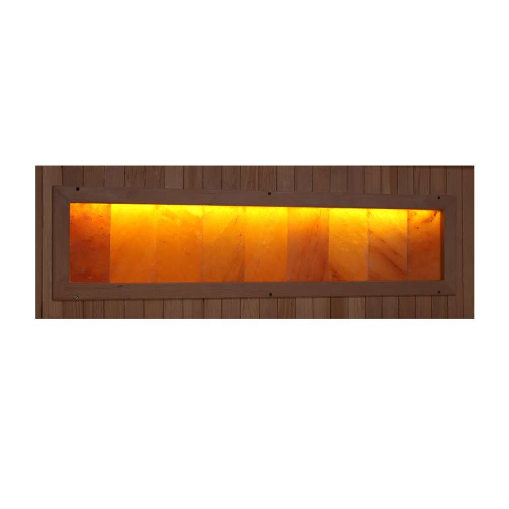 Close-up of the Himalayan salt bar in Golden Designs Reserve Edition 3 Person Near Zero EMF Full Spectrum Sauna with Himalayan Salt Bar, a row of glowing amber salt blocks in a dark wood frame