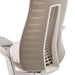 Close-up of the back support on Crate & Barrel Haworth Fern Upholstered Beach Office Chair, showing the flexible spine-inspired support beneath the fabric