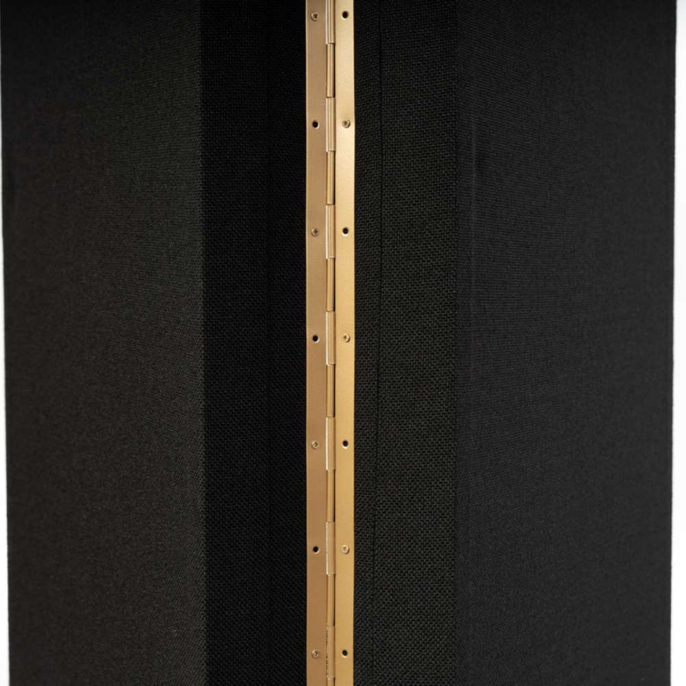 Close-up of the brass hinge connecting two black acoustic panels on GIK Acoustics ScreenPanel Vocal Screen