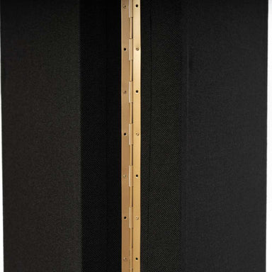 Close-up of the brass hinge connecting two black acoustic panels on GIK Acoustics ScreenPanel Vocal Screen