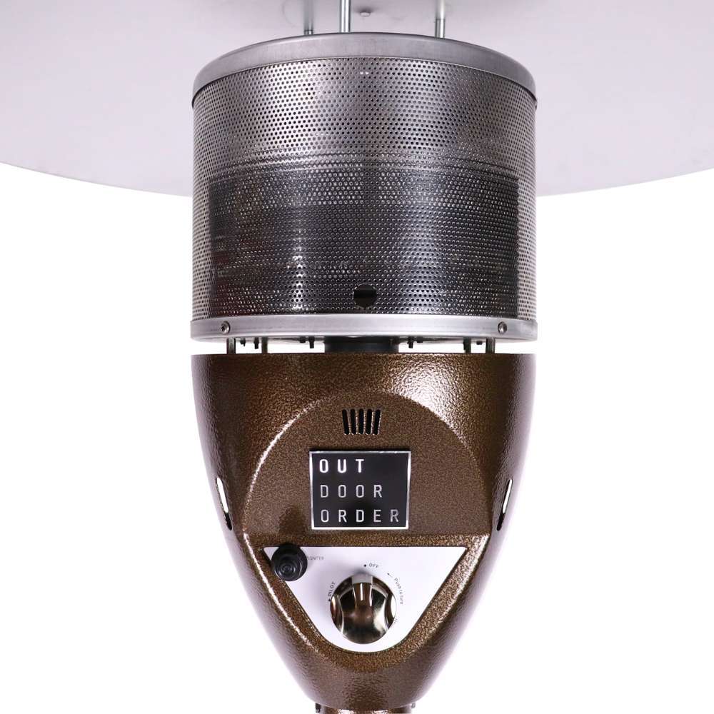 Close-up of the bronze burner housing on Outdoor Order Halo Traditional Heater shows the mesh emitter screen, logo badge, and control knob