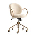 Close-up of the caster wheels and brass-tone base on Crate & Barrel Luna Ivory Boucle Upholstered Office Chair