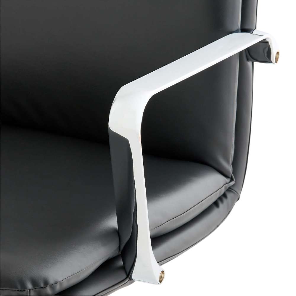 Close-up of the chrome armrest and black faux leather seat on Crate & Barrel Smythe Black Faux Leather Office Chair