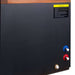 Close-up of the dark gray side panel of Golden Designs Dynamic Cold Therapy Cuboid Plastic Cold Plunge Tub showing blue and red water connection ports, a brass drain fitting and a yellow caution label