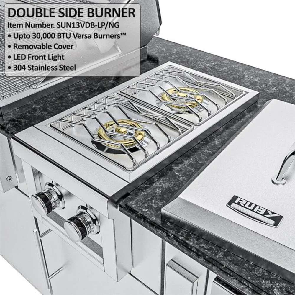 Close-up of the double side burner on the Sunstone Magnolia 10ft Outdoor Kitchen Island Package with control knobs and stainless finish