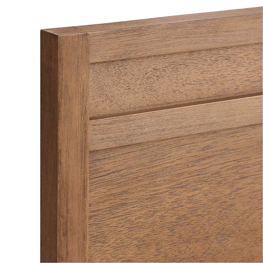 Close-up of the headboard on Crate & Barrel Keane Solid Driftwood Queen Bed highlighting the natural wood grain and clean lines