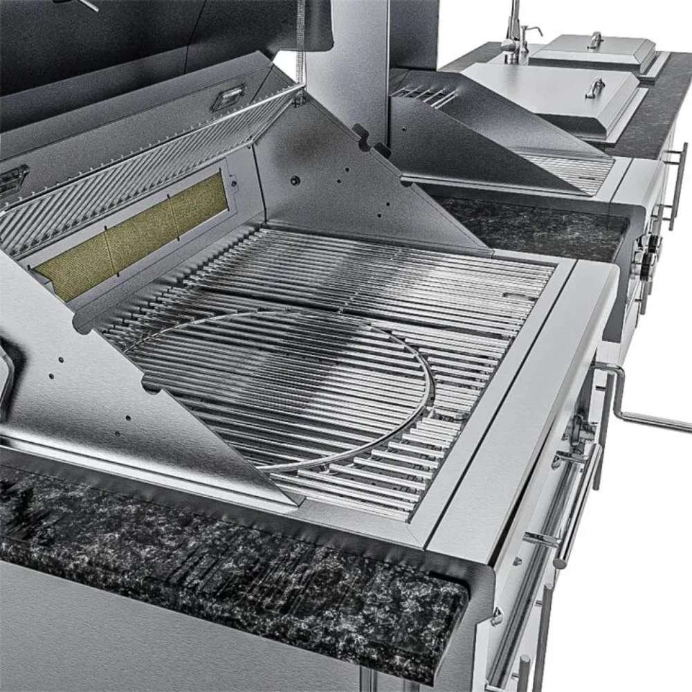 Close-up of the hybrid grill cooking grates inside the Sunstone Alamo 10ft Outdoor Cabinet Island Package with Hybrid Grill