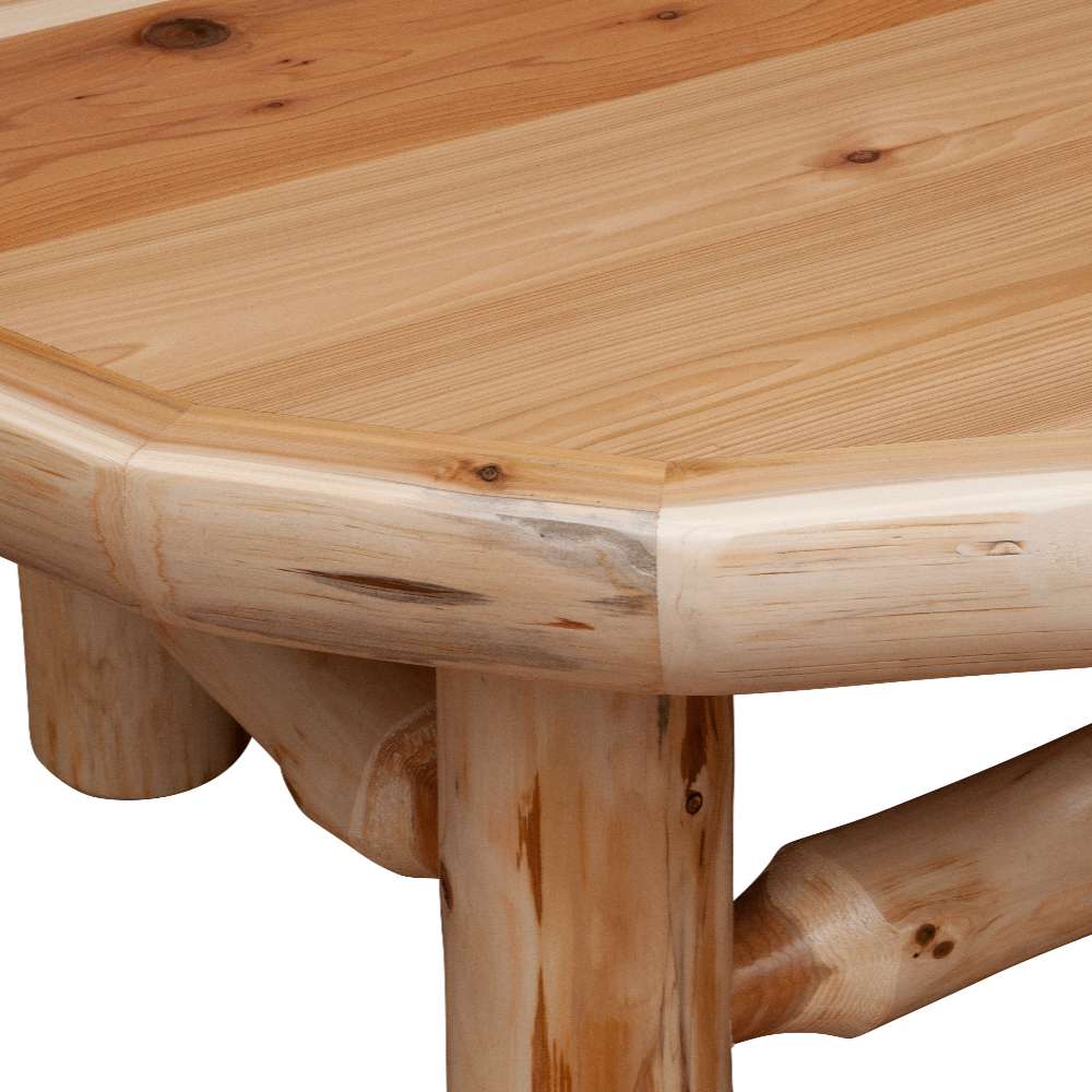 Close-up of the table’s smooth rounded edge and wood grain for Fireside Lodge Cedar Log Round Coffee Table - 42-Inch