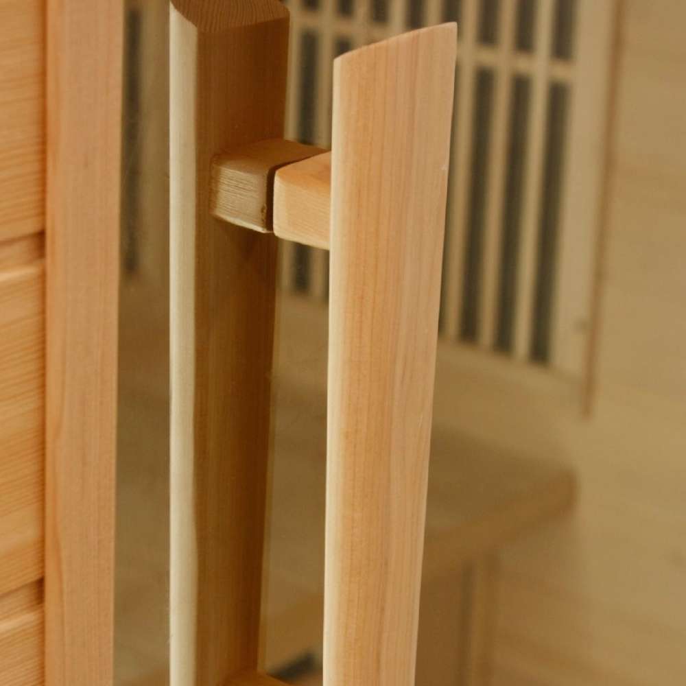 Close-up of the vertical wood door handle on the glass door of Golden Designs Maxxus 3 Person Low EMF Far Infrared Corner Sauna in Hemlock