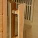 Close-up of the vertical wood door handle on the glass door of Golden Designs Maxxus Avignon 3 Person Corner Near Zero EMF Far Infrared Sauna in Red Cedar