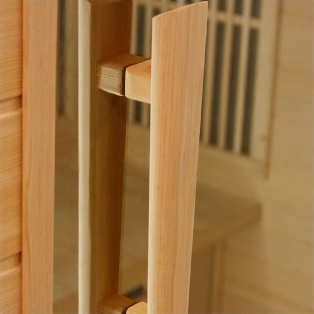 Close-up of the vertical wood door handle on the glass door of Golden Designs Maxxus Bellevue 3 Person Low EMF Far Infrared Sauna