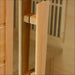 Close-up of the vertical wood door handle on the glass door of Golden Designs Maxxus Bellevue 3 Person Low EMF Far Infrared Sauna
