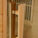 Close-up of the vertical wood door handle on the glass door of Golden Designs Maxxus Chaumont 4 Person Near Zero EMF Far Infrared Sauna in Red Cedar
