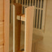 Close-up of the vertical wood door handle on the glass door of Golden Designs Maxxus Montilemar 3 Person Near Zero EMF Far Infrared Sauna in Red Cedar