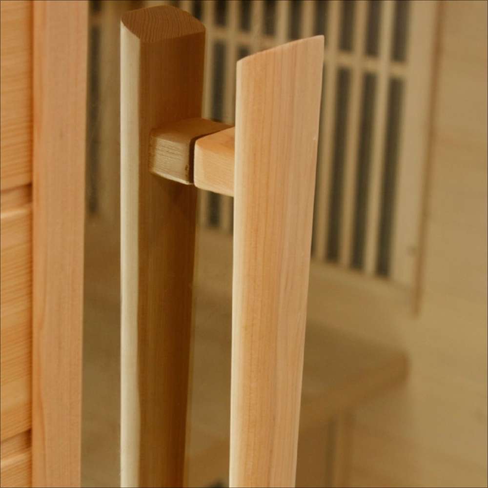 Close-up of the vertical wood door handle on the glass door of Golden Designs Maxxus Toulose 2 Person Low EMF Far Infrared Sauna