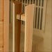 Close-up of the vertical wood door handle on the glass door of Golden Designs Maxxus Toulose 2 Person Low EMF Far Infrared Sauna
