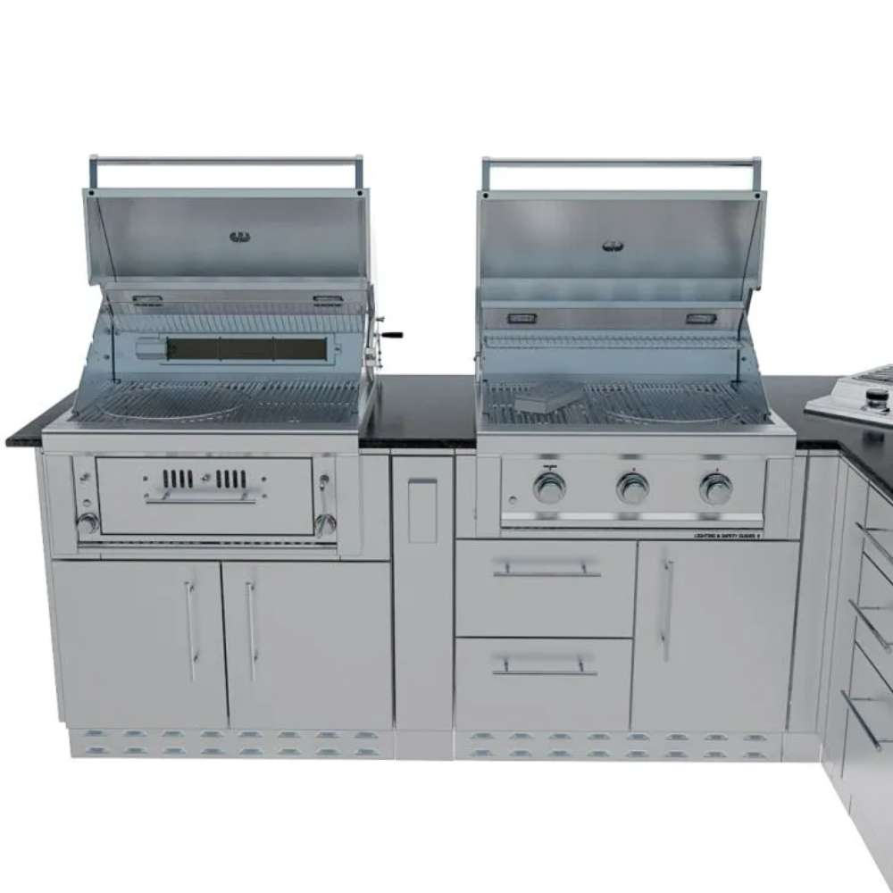 Close-up of two open stainless steel grills in the Sunstone Texas Tango 19ft Outdoor Kitchen Island Package