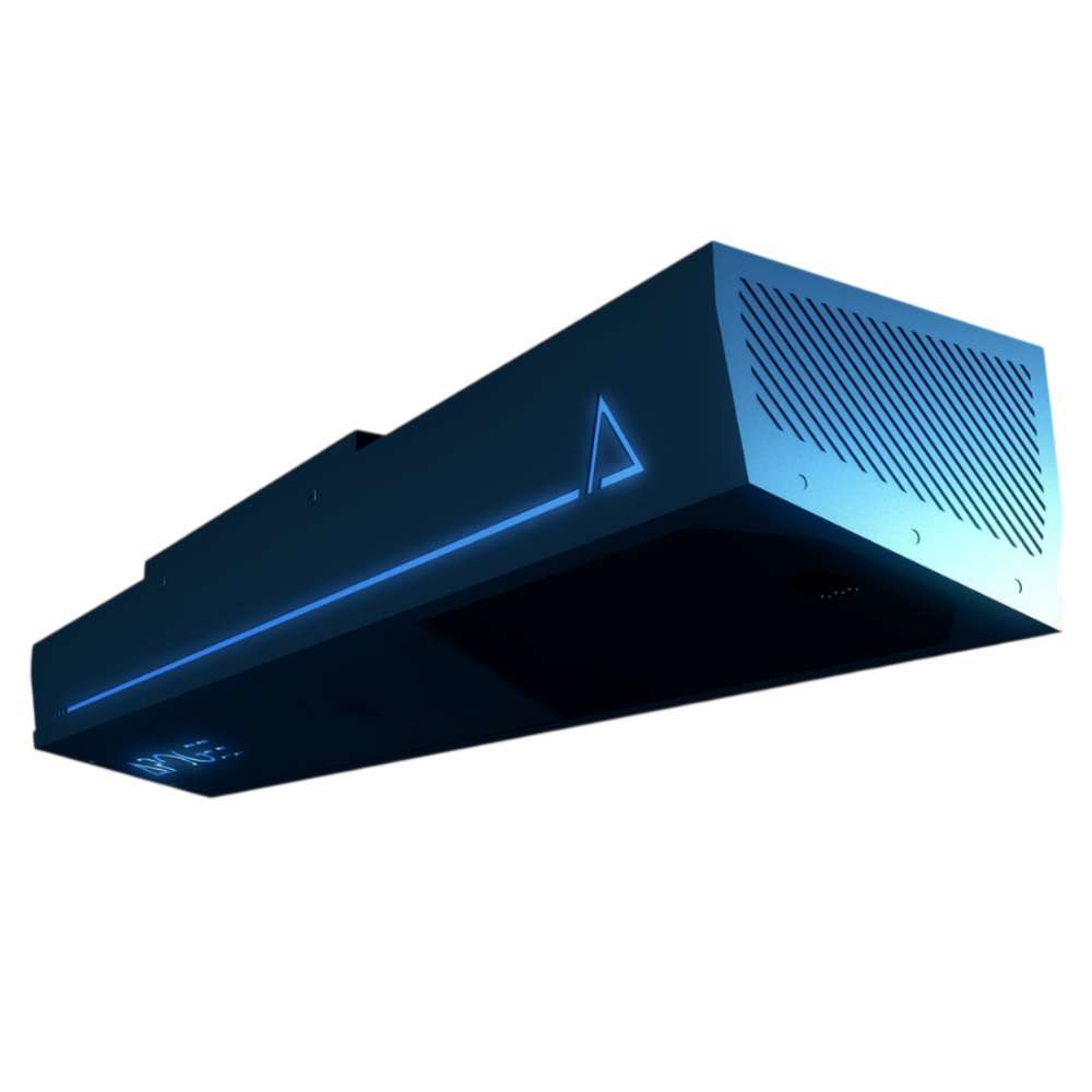 Close-up shows a sleek black launch monitor with blue lighting used in TruGolf APOGEE Golf Launch Monitor w/ Starter 10 (2025) Enclosure