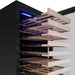 Close-up shows smooth sliding wooden shelves under blue lighting inside KingsBottle Upright Wine & Beverage cooler Combo With Triple Temp Zones