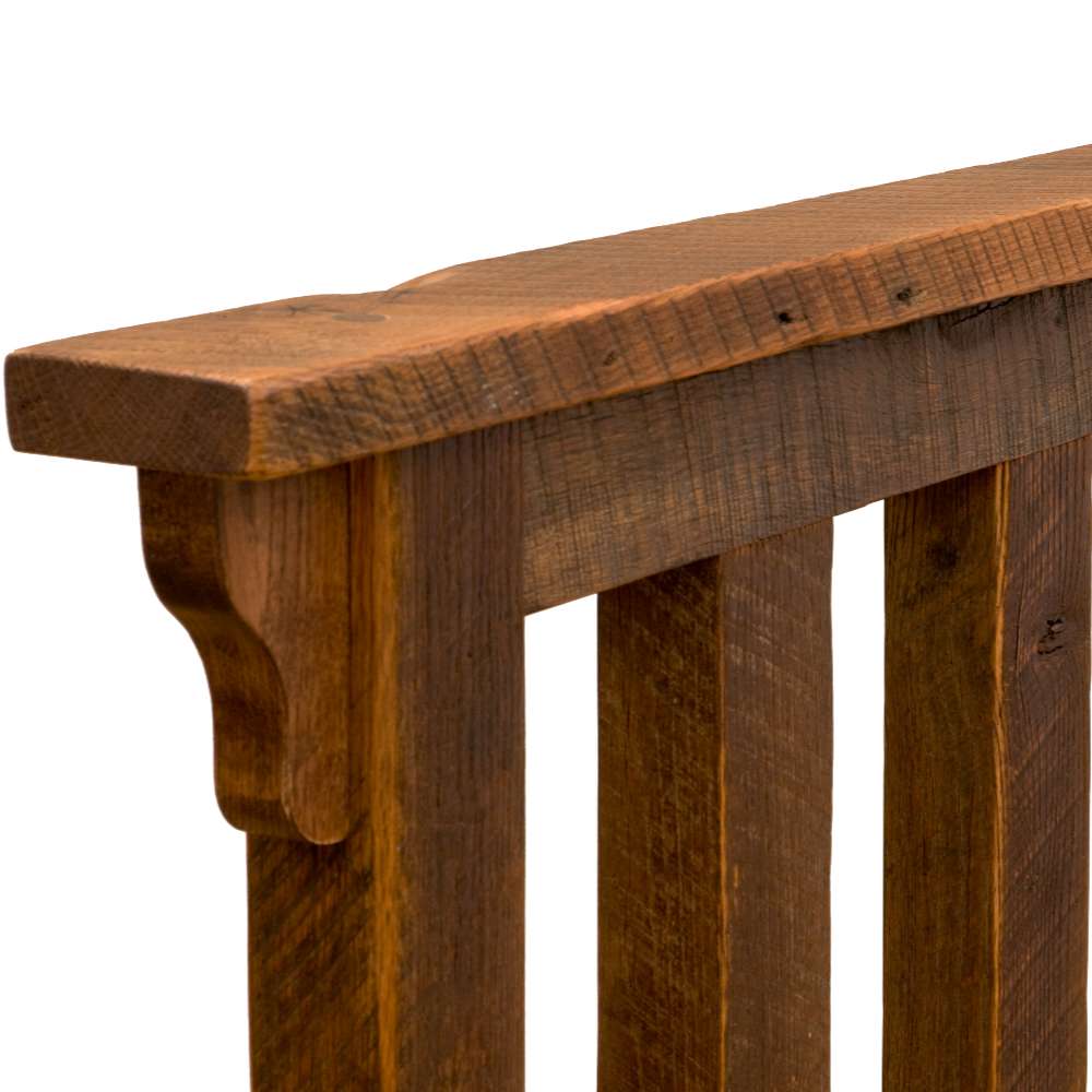 Close-up shows the thick rustic wood grain and uneven edge of Fireside Lodge Barnwood Post Headboard