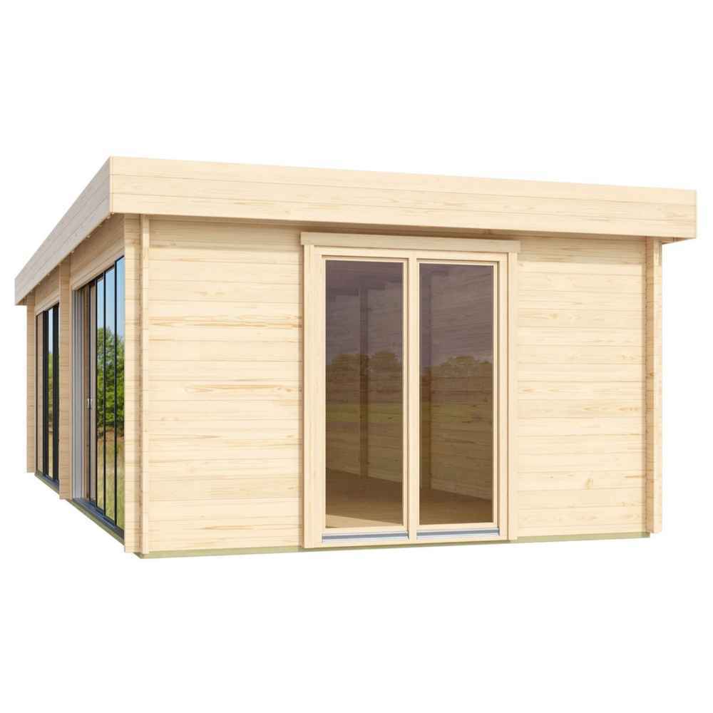 Close-up angle of the GardenHouse24 USA ALU Concept Lounge 44B Garden Room highlights the double glass door entry and natural wood finish