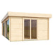 Close-up angle of the GardenHouse24 USA ALU Concept Lounge 44B Garden Room highlights the double glass door entry and natural wood finish