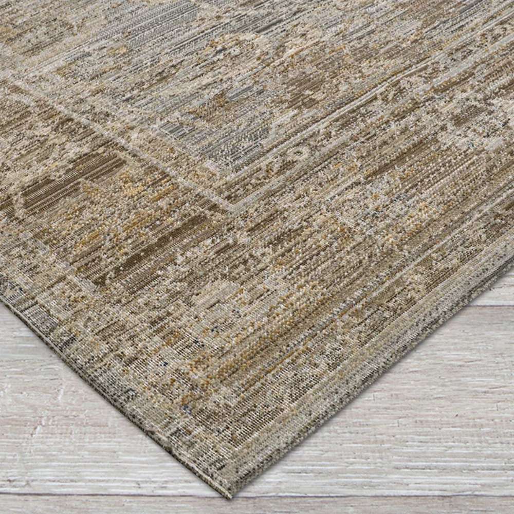 Close-up corner view of Couristan Fez Indoor/Outdoor Rug - Palais/Storm Grey showing its textured weave in storm grey and beige tones