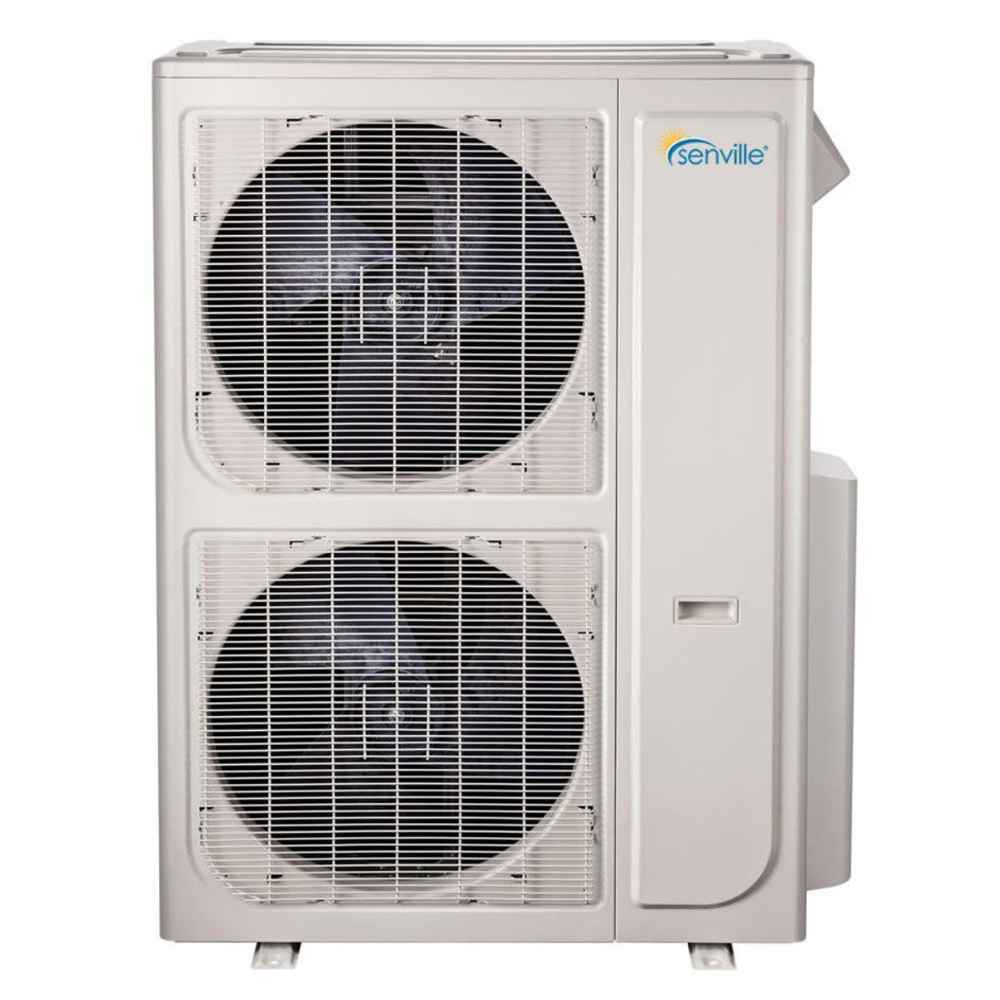 Close-up image shows the large outdoor condenser unit with dual fans of Senville 48000 BTU Five Zone Mini Split Air Conditioner - Heat Pump - SENA48HFF