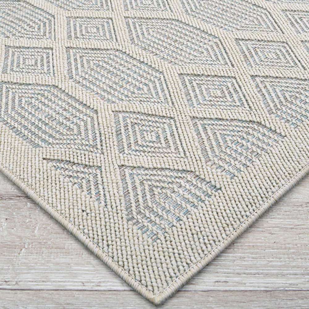 Close-up of Couristan Liguria Indoor/Outdoor Rug - Rapallo/Aqua displays its textured diamond weave along the edge