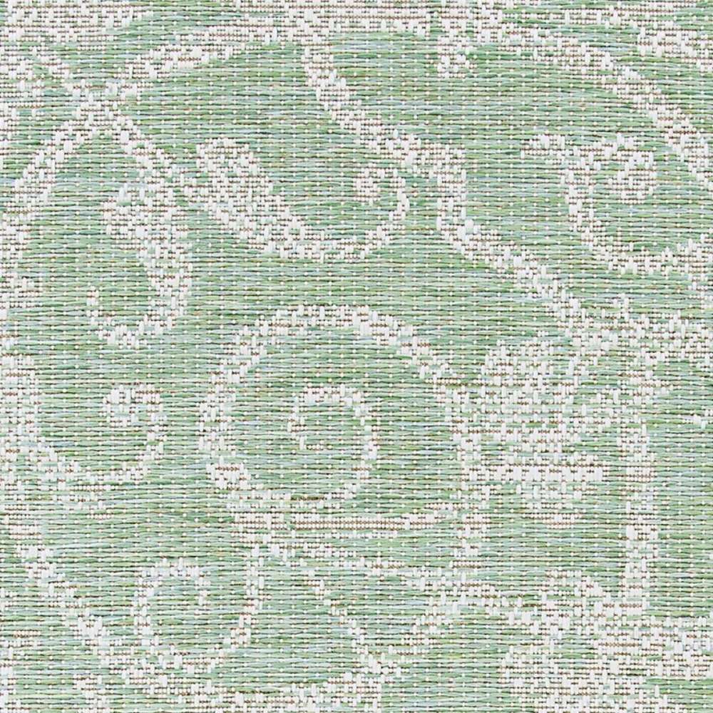 Close-up of Couristan Monaco Indoor/Outdoor Rug - Summer Quay/Ivory-Light Green shows its detailed woven swirls in ivory against a green base