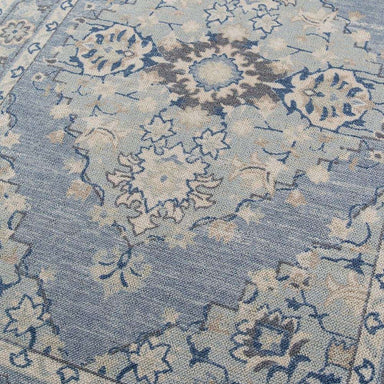 Close-up view of Momeni Anatolia Indoor Rug - ANA-9 Blue shows its intricate floral medallion design in soft blue and cream tones