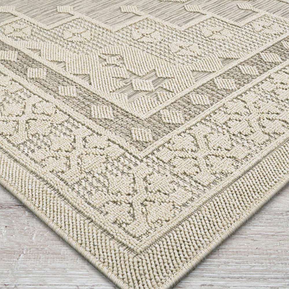 Close-up view of the woven texture and geometric details of Couristan Liguria Indoor/Outdoor Rug - Sarzana/Dove Grey