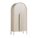 Closed Crate & Barrel Annie 38" Whitewash Storage Cabinet with double doors, curved top, and slim vertical handles