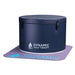 Closed with a navy fitted cover and side latches, Golden Designs Dynamic Cold Therapy Inflatable Round Cold Plunge rests on its branded lavender floor mat