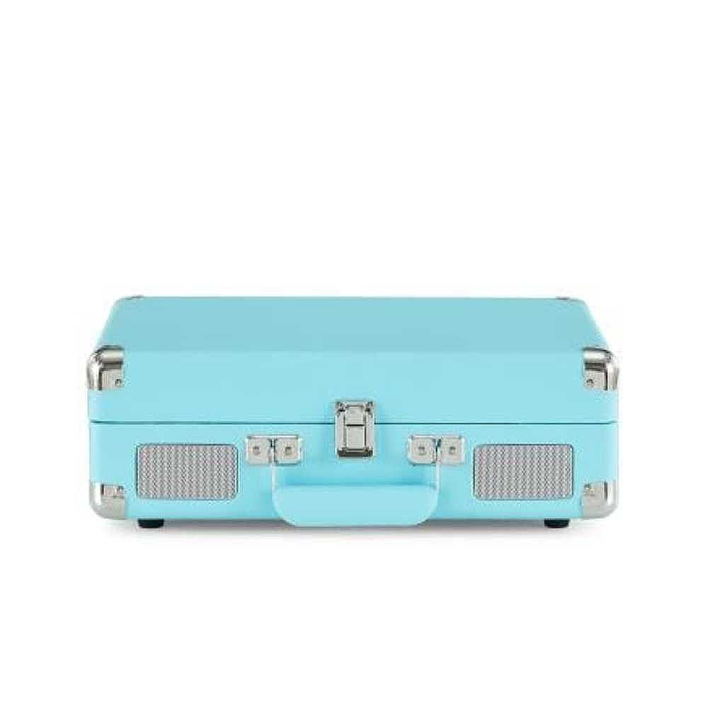 Closed Crosley Cruiser Plus Portable Turntable with Bluetooth InOut - Exclusive Turquoise with metal clasps and built-in speakers