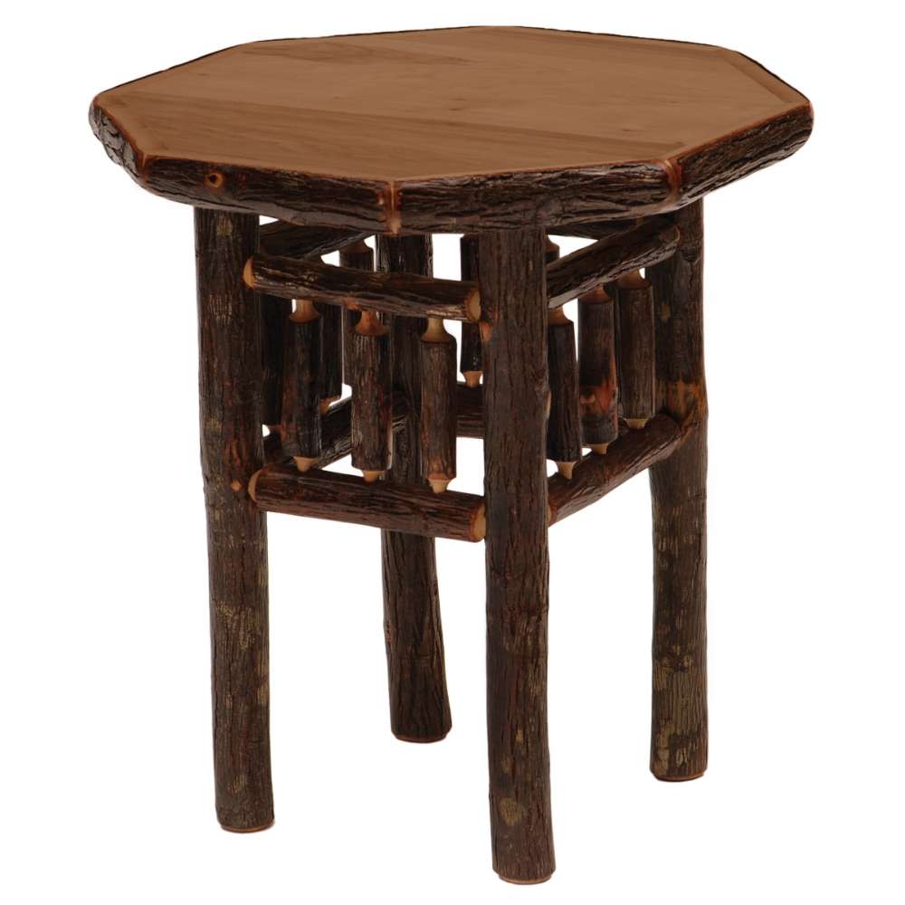 Cognac Fireside Lodge Hickory Log Octagon Nightstand features an octagon-shaped tabletop and sturdy log construction finished in a medium brown cognac color