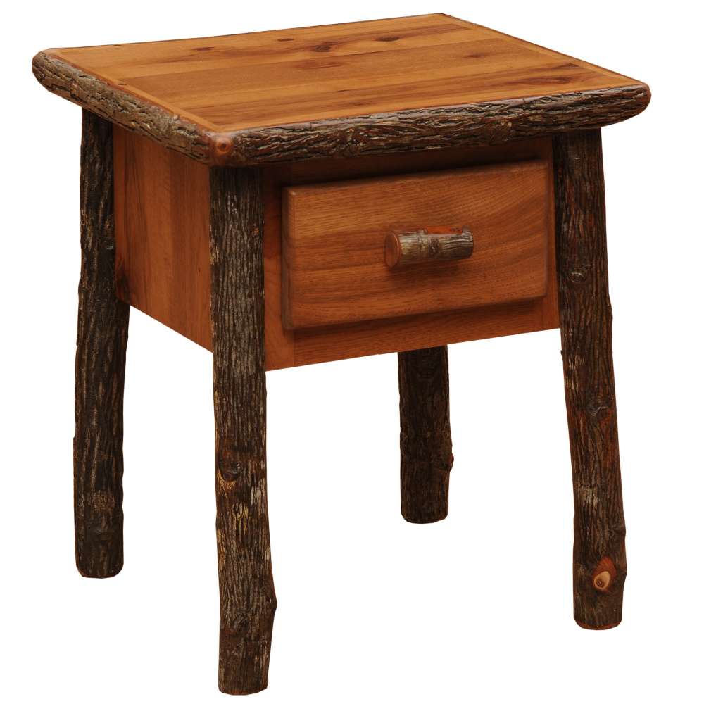 Cognac Fireside Lodge Hickory Log One Drawer Nightstand shown with bark-covered log legs, a flat top, and a single drawer