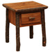 Cognac Fireside Lodge Hickory Log One Drawer Nightstand shown with bark-covered log legs, a flat top, and a single drawer