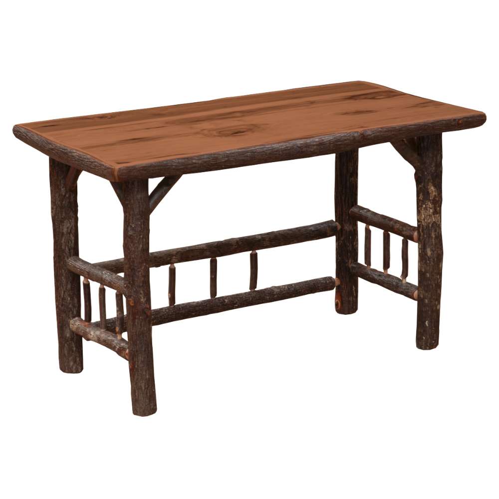 Cognac Fireside Lodge Hickory Log Open Writing Desk shown in a close-up of cognac hickory wood grain with medium brown tones and natural markings