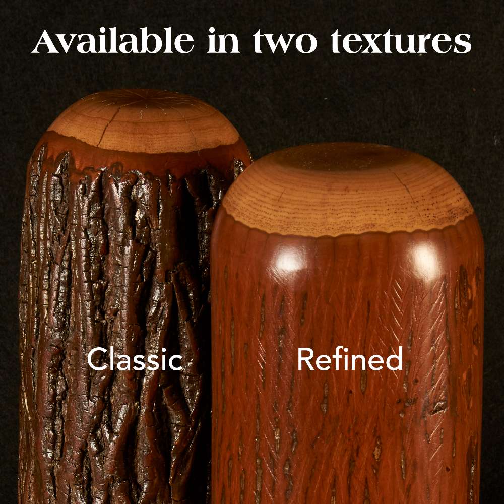 Cognac Fireside Lodge Hickory Log Open Writing Desk shown with two rounded wood samples labeled Classic and Refined, displaying the cognac-colored texture options