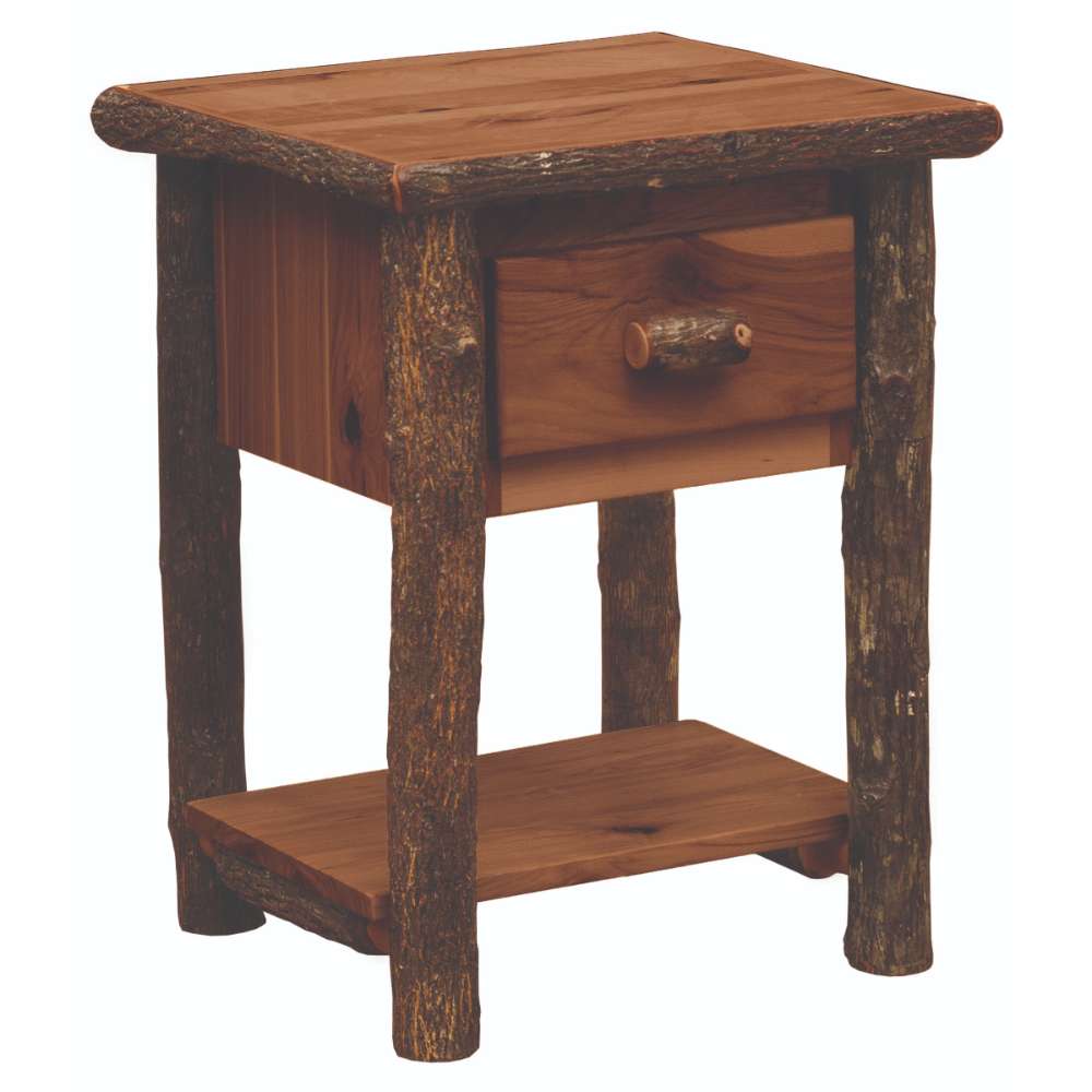 Cognac Fireside Lodge Log One Drawer Nightstand with Shelf is shown in a warm rustic finish with bark-textured legs, one drawer, and a shelf