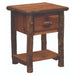 Cognac Fireside Lodge Log One Drawer Nightstand with Shelf is shown in a warm rustic finish with bark-textured legs, one drawer, and a shelf