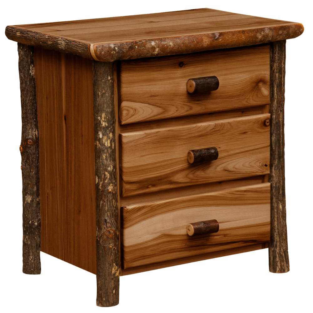 Cognac Fireside Lodge Log XL Three Drawer Nightstand is shown at an angle with three wood-grain drawers and thick log legs on the corners