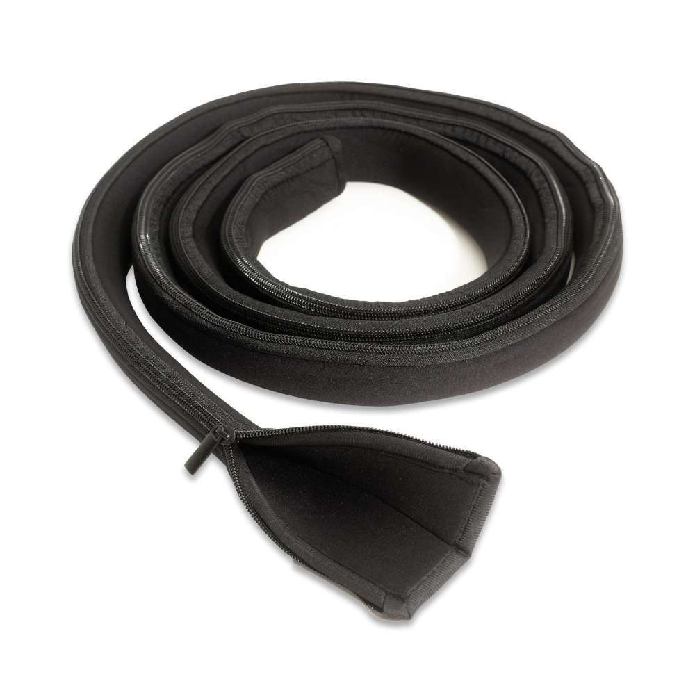 Coiled in loops with one end unzipped and open, Golden Designs Dynamic Cold Therapy Neoprene Hose Cover is a black neoprene sleeve shown on a white background