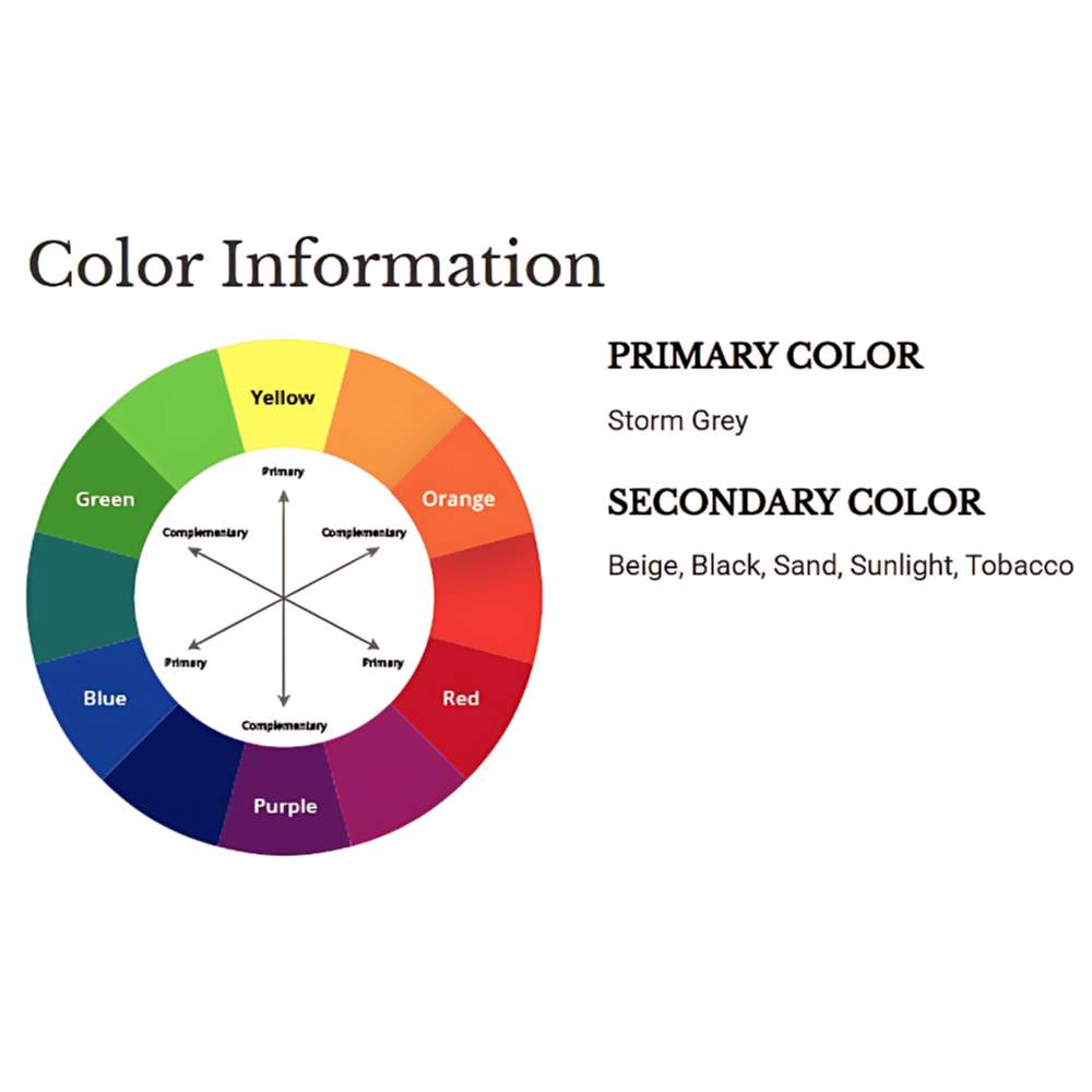 Color chart of Couristan Fez Indoor/Outdoor Rug - Palais/Storm Grey showing storm grey as the primary color with beige, black, sand, sunlight, and tobacco as secondary hues